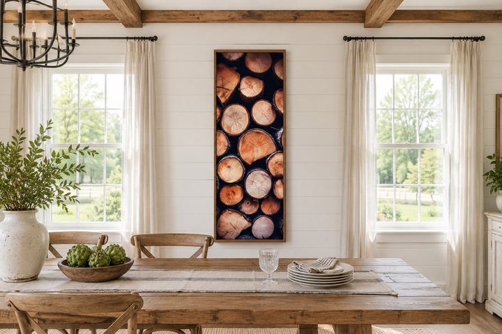 Tall narrow vertical rustic framed canvas wall art featuring a stack of wood slices on a white wall.