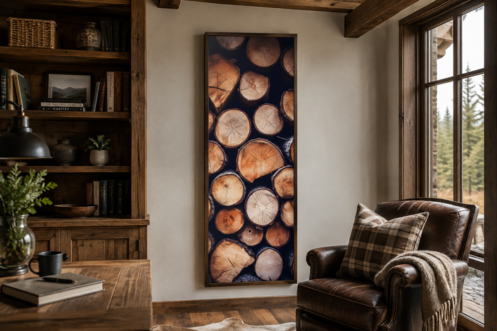 Tall narrow vertical framed canvas wall art featuring a rustic stack of wood slice patterns.
