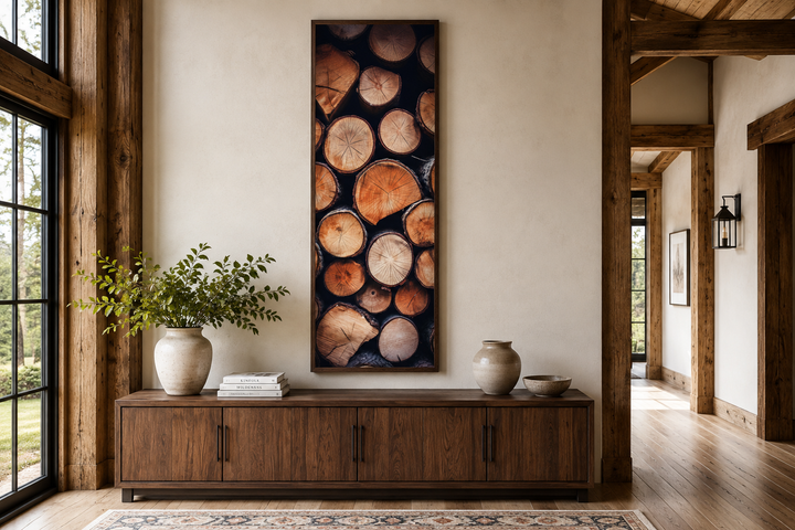 Tall narrow vertical rustic framed canvas wall art featuring a stack of wood tree ring patterns.