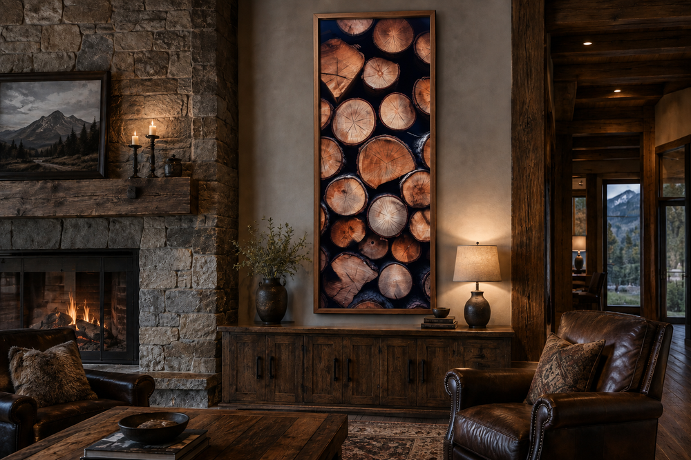 Tall narrow vertical rustic framed canvas wall art featuring a stack of wood slice tree rings.