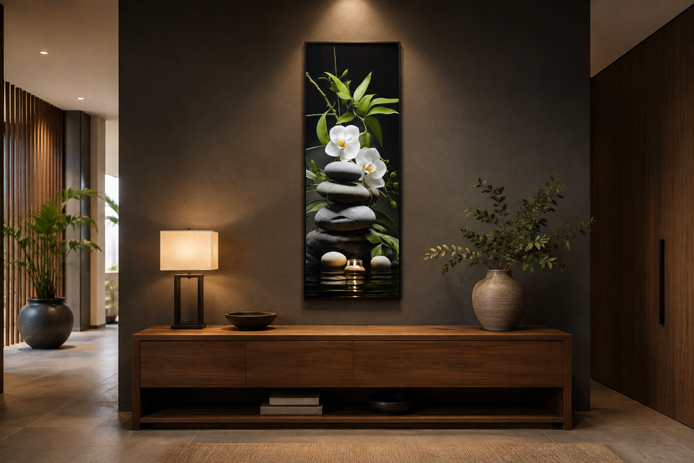 Tall narrow vertical canvas art featuring stacked rocks, white orchids, bamboo, and a candle.