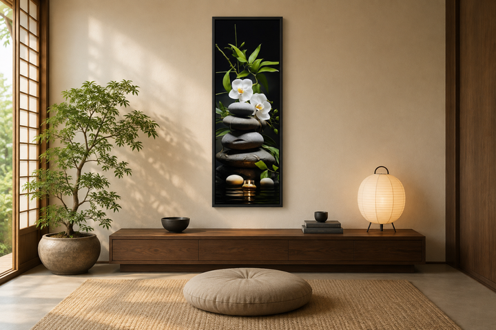 Tall narrow vertical canvas art of stacked rocks, white orchids, and bamboo in a zen room setting.