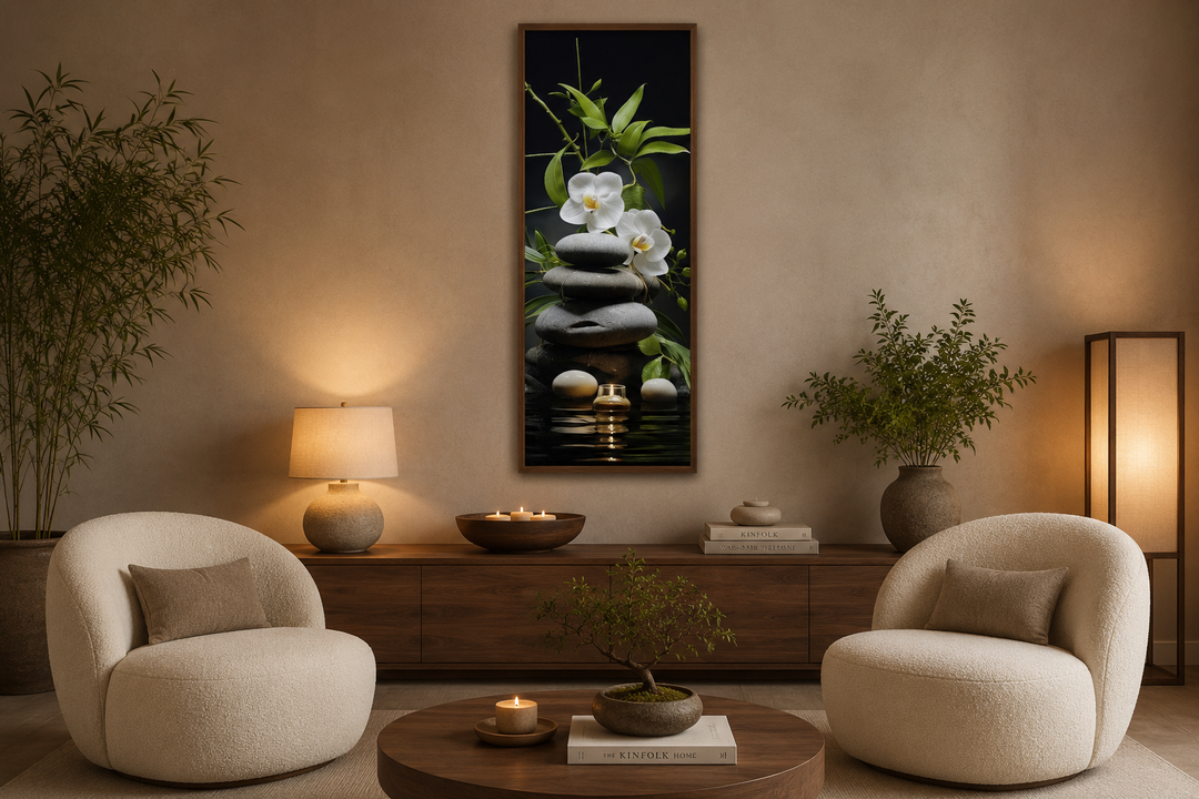 Tall narrow vertical framed canvas art of stacked rocks, white orchids, and bamboo in a zen room.
