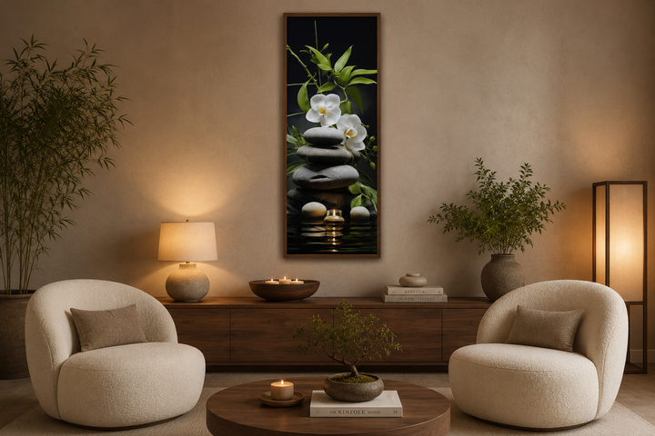 Tall narrow vertical framed canvas art of stacked rocks, white orchids, and bamboo in a zen room.