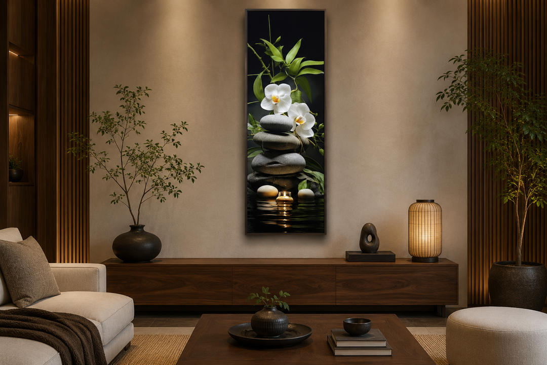 Tall narrow vertical canvas art of stacked rocks, white orchids, bamboo, and a candle in a zen room.