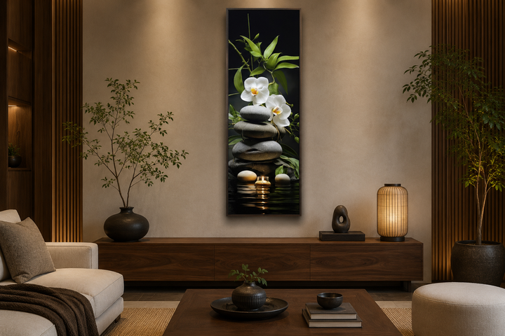Tall narrow vertical canvas art of stacked rocks, white orchids, bamboo, and a candle in a zen room.