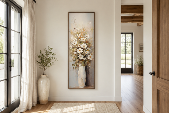 Tall narrow framed canvas wall art of white wildflowers in a vase on a white farmhouse wall.