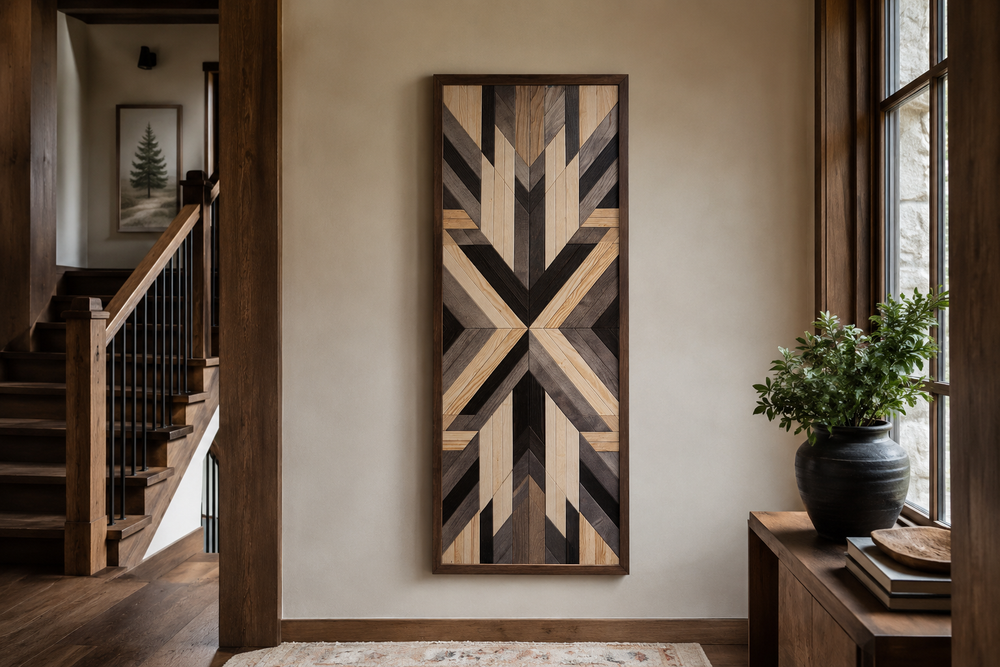 Tall narrow vertical wall art with a brown Aztec-inspired geometric wood-style pattern in a frame.