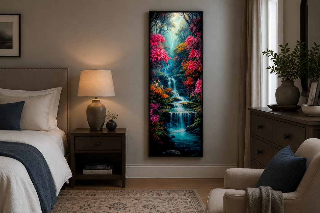 Tall narrow vertical framed canvas wall art of a waterfall in an enchanted forest in a bedroom.