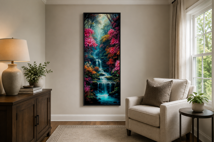 Tall narrow vertical framed canvas art of a waterfall in an enchanted forest with pink flowers.