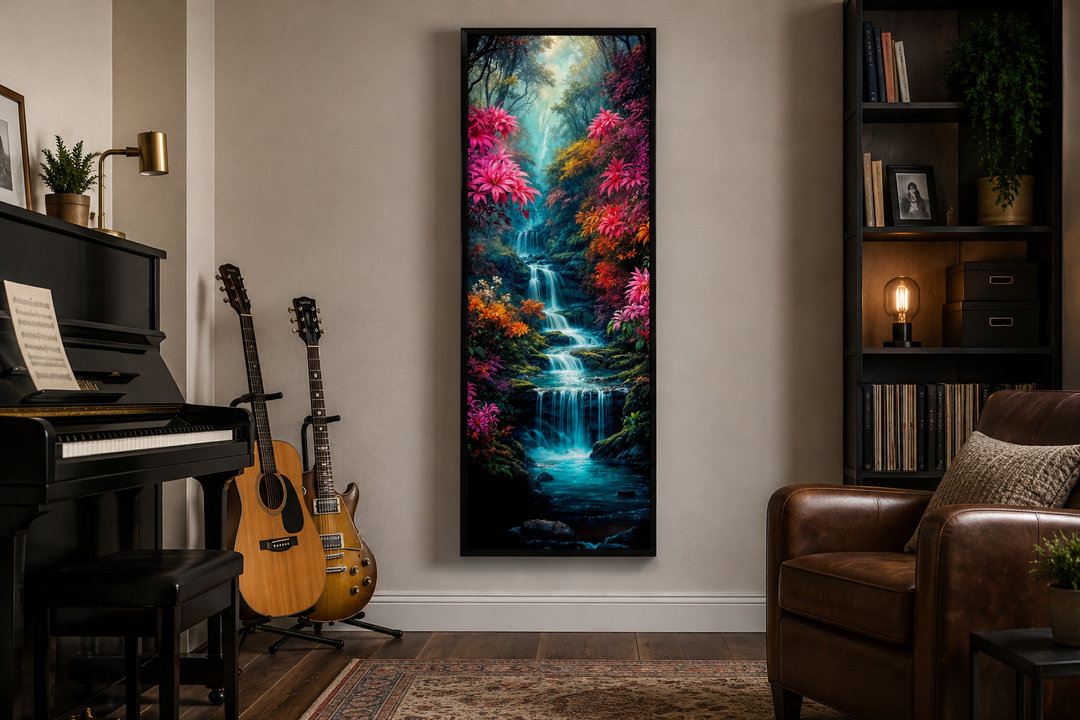 Tall narrow vertical framed canvas art of a colorful waterfall in an enchanted forest on a wall.