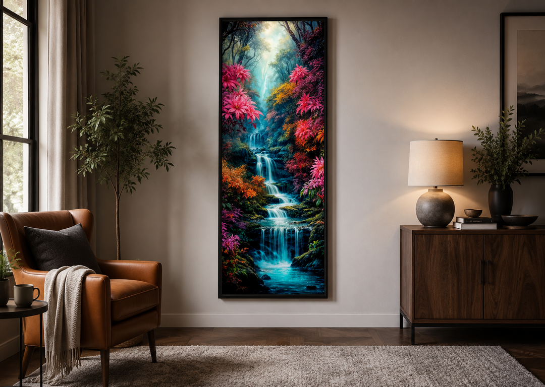 Tall narrow vertical framed canvas art of a waterfall in an enchanted forest with pink flowers.