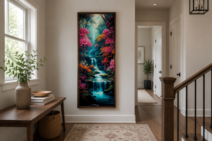 Tall narrow vertical framed canvas wall art of a waterfall in an enchanted forest.