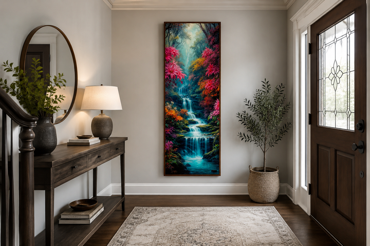 Tall narrow vertical framed canvas wall art of a waterfall in an enchanted forest in an entryway.