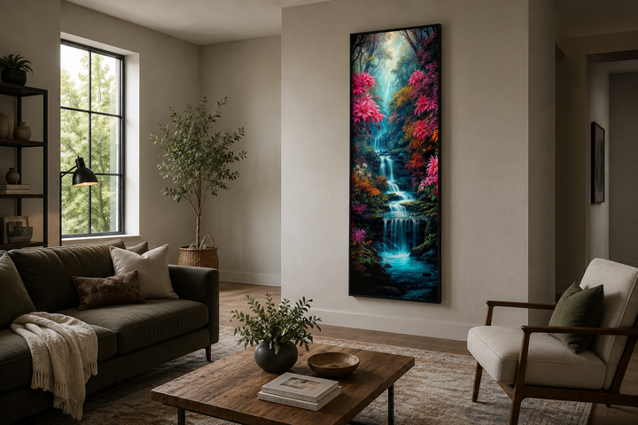 Tall narrow vertical framed canvas wall art of a waterfall in an enchanted forest in a living room.
