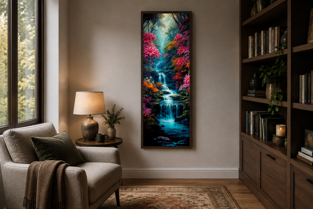 Tall narrow framed canvas wall art of a cascading waterfall in a vibrant enchanted forest.