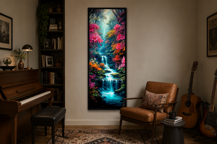 Tall narrow vertical framed canvas wall art of a colorful waterfall in an enchanted forest.