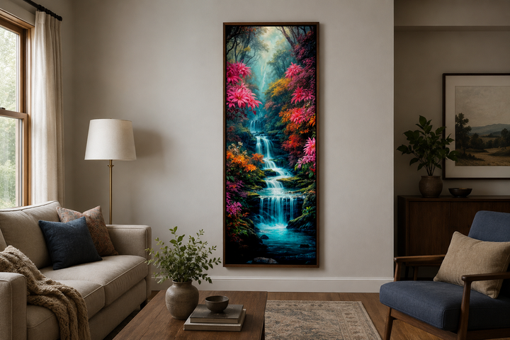 Tall narrow framed canvas art of a magical waterfall in an enchanted forest with pink flowers.