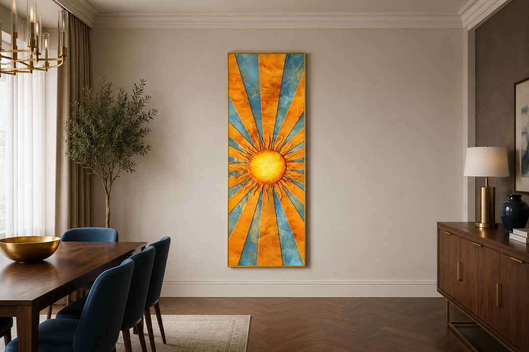 Vertical narrow framed canvas wall art featuring a yellow sun with blue and orange rays.