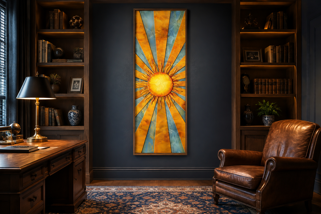 Vertical narrow yellow sun in blue sky framed canvas wall art in a dark study with leather chair.