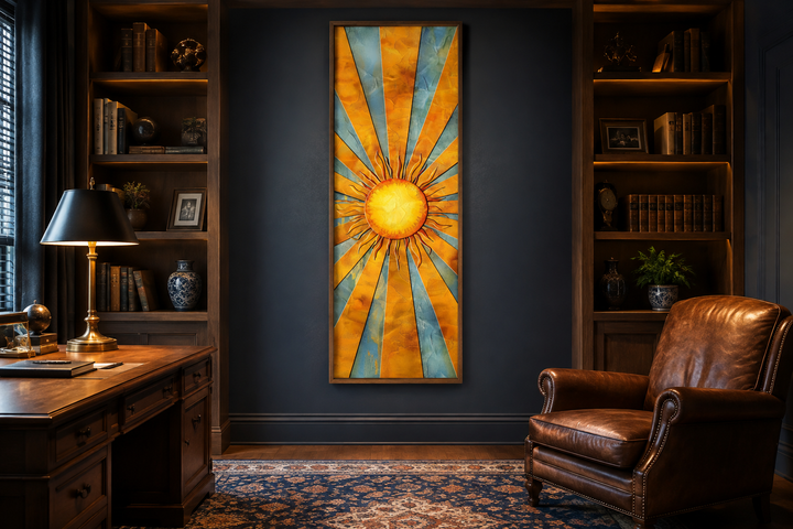 Vertical narrow yellow sun in blue sky framed canvas wall art in a dark study with leather chair.
