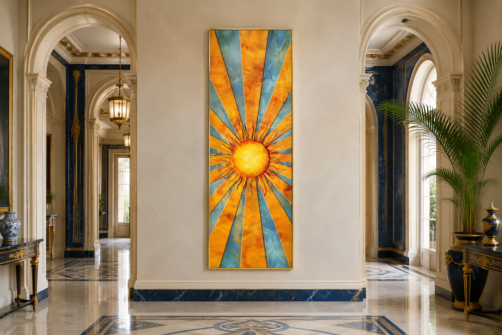 Vertical narrow framed canvas wall art featuring a yellow sun with blue and orange rays.