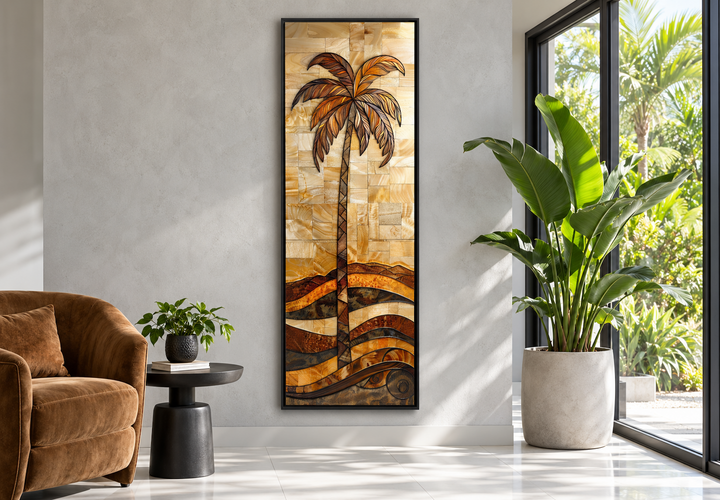 Tall narrow framed canvas wall art featuring a palm tree in a woodgrain-inspired mosaic style.