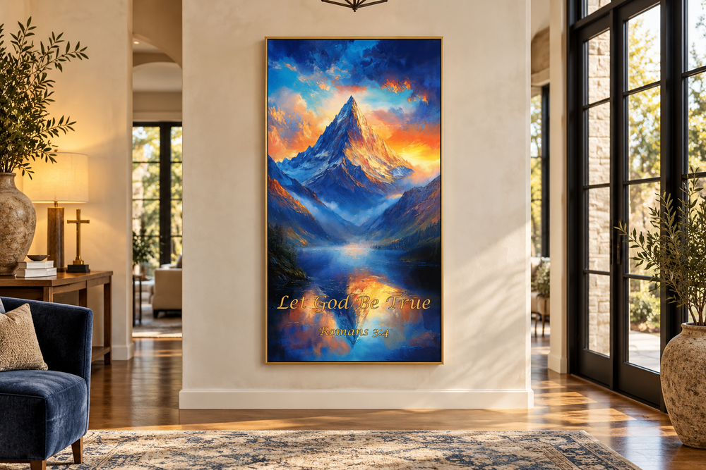 Vertical canvas art of a mountain sunrise with the scripture Let God Be True, Romans 3:4.