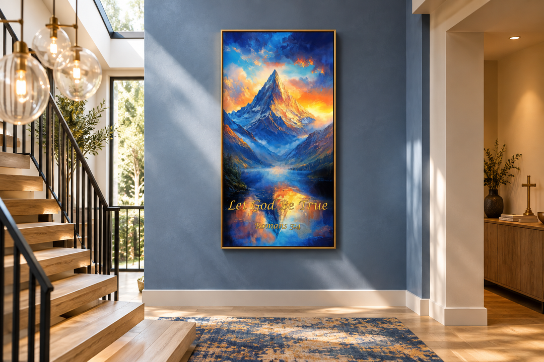 Christian Scripture wall art of a mountain sunrise with the verse Let God Be True, Romans 3:4.