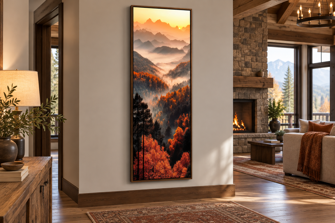 Tall vertical canvas wall art of a foggy autumn mountain forest landscape at sunset.