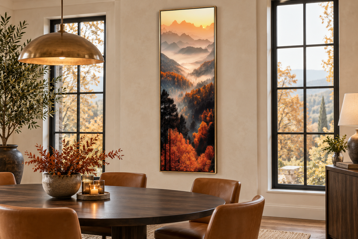 Tall vertical canvas art of a foggy mountain forest with autumn orange trees and a sunset sky.