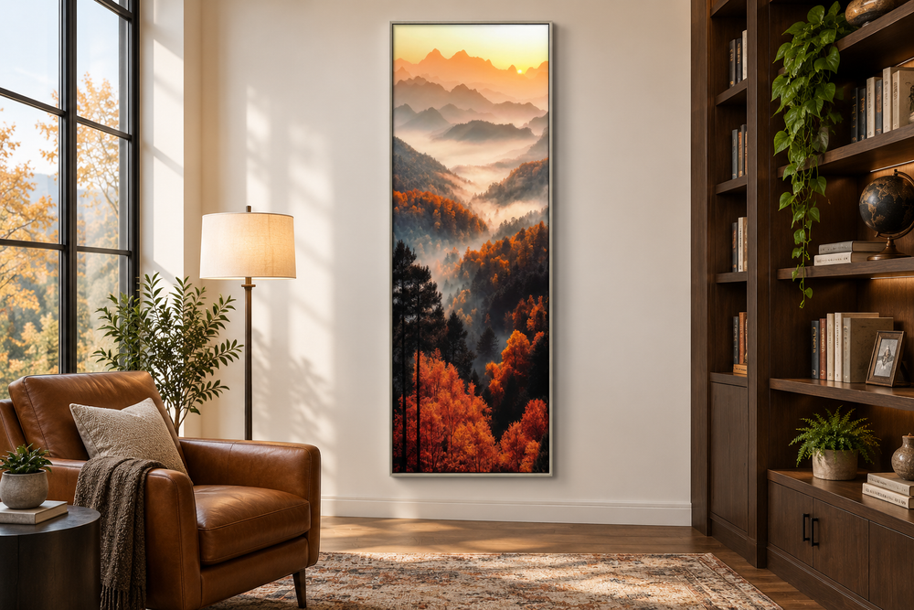 Tall vertical canvas art of a foggy mountain forest with autumn trees in a cozy living room.