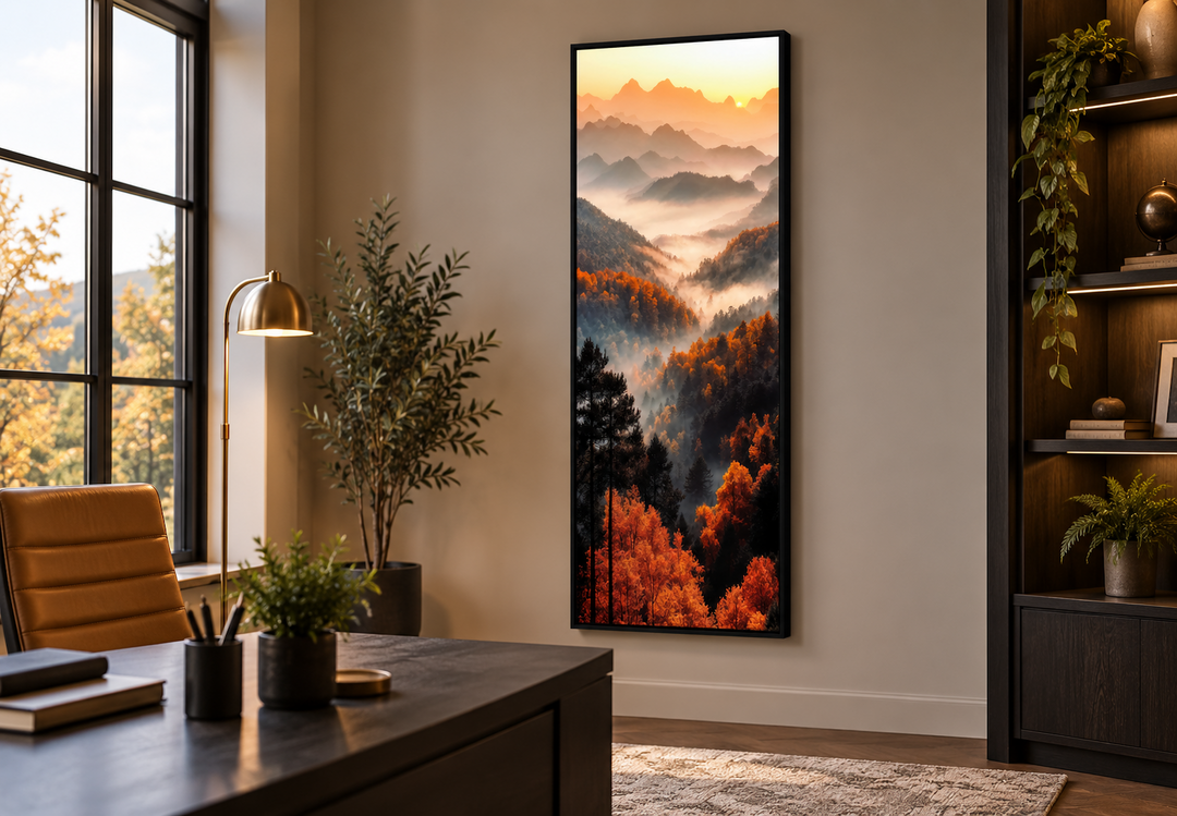 Tall vertical canvas art of a foggy mountain forest with orange autumn trees in a modern office.