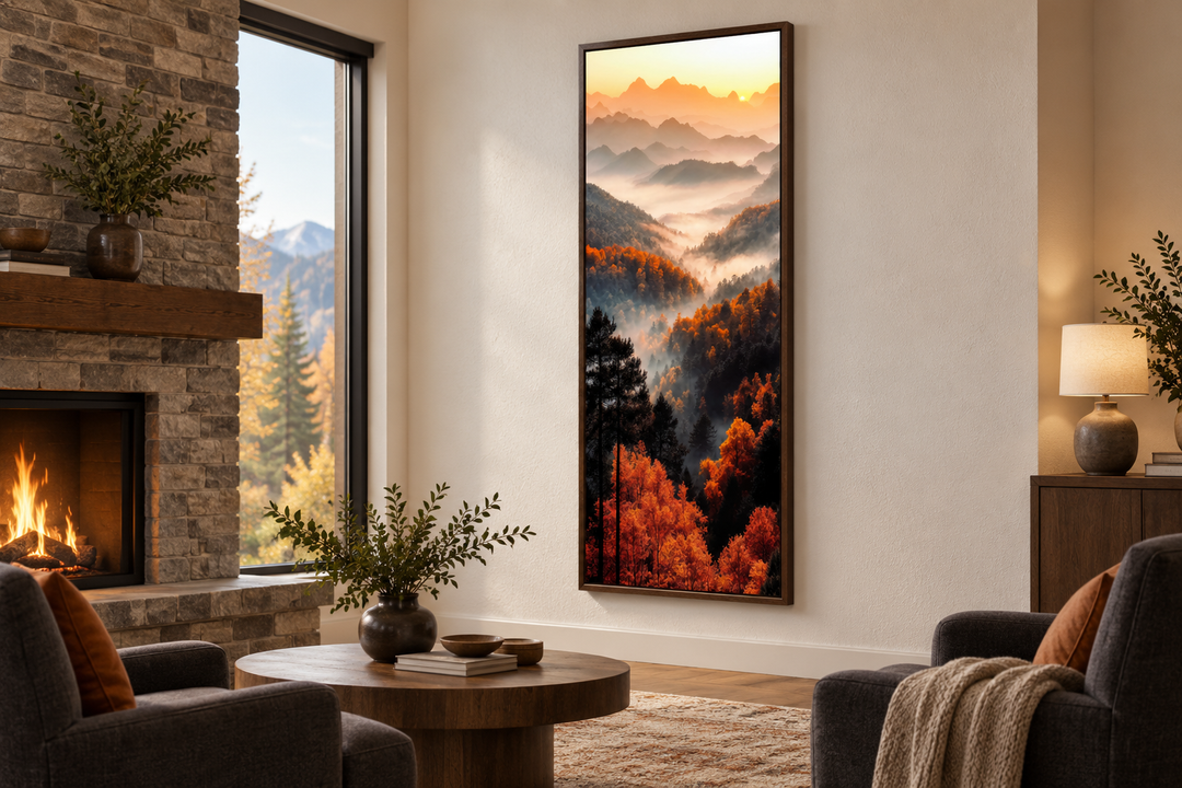 Tall vertical canvas art of a foggy mountain forest with orange autumn trees and a sunset sky.