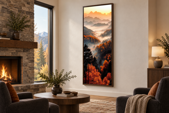 Tall vertical canvas art of a foggy mountain forest with orange autumn trees and a sunset sky.