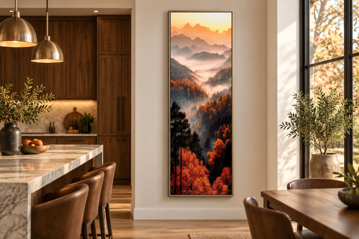 Tall vertical canvas art of a foggy autumn mountain forest at sunset, framed on a neutral wall.