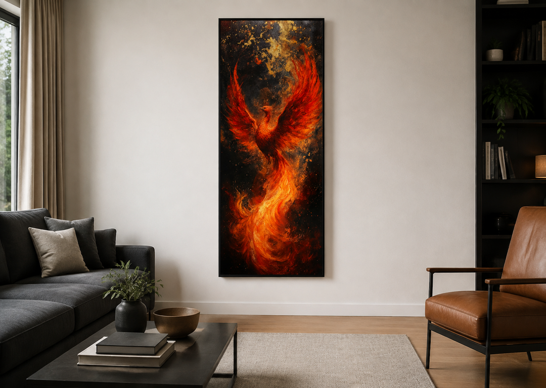 Tall narrow vertical framed canvas wall art featuring a fiery orange phoenix rising from flames.