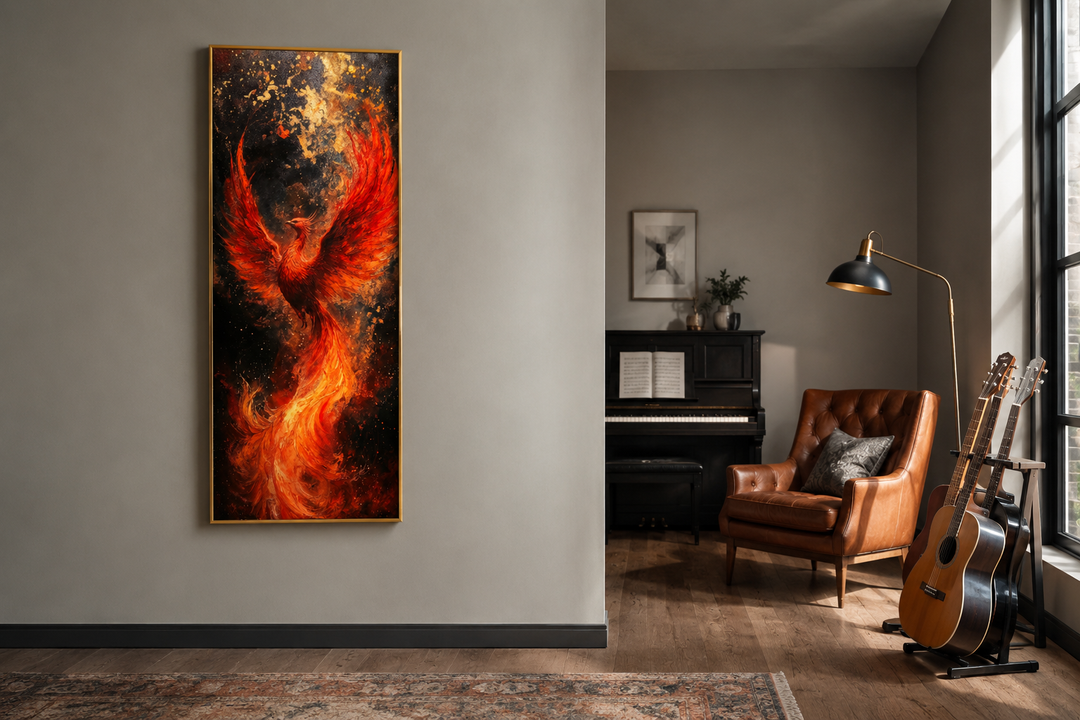 Tall narrow framed canvas wall art featuring a fiery orange and red phoenix rising from flames.