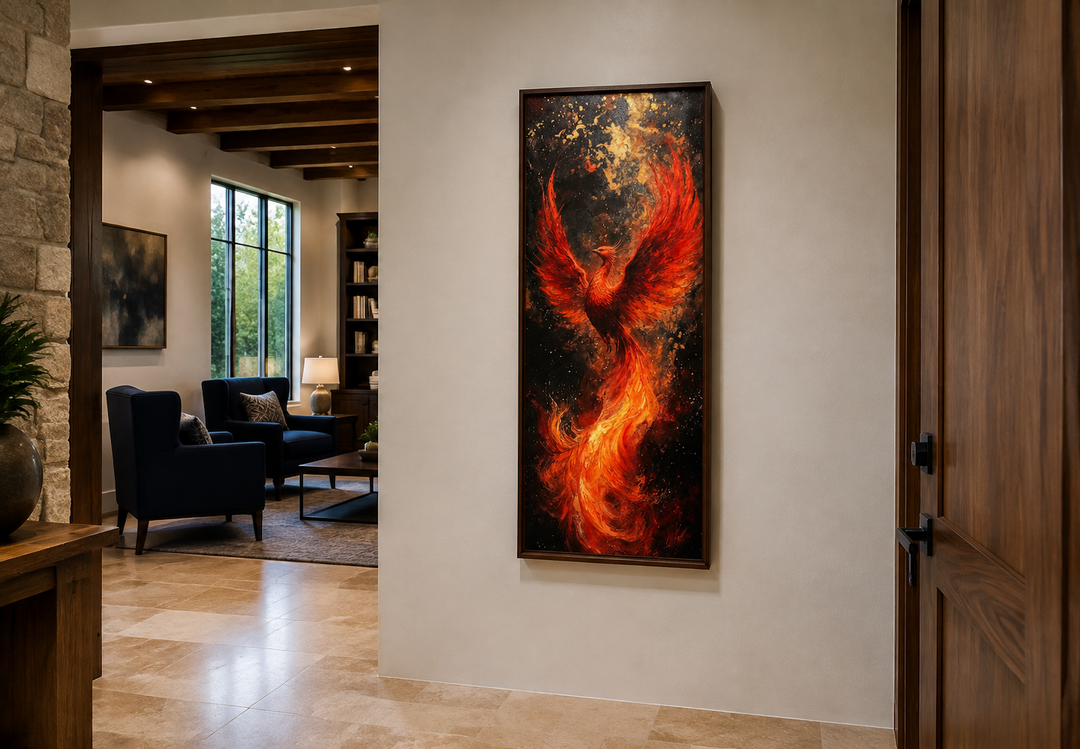 Tall narrow vertical framed canvas wall art featuring a fiery phoenix rising from orange flames.