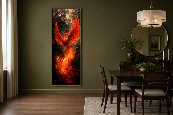 Tall narrow framed canvas wall art of a fiery orange phoenix rising against a dark background.