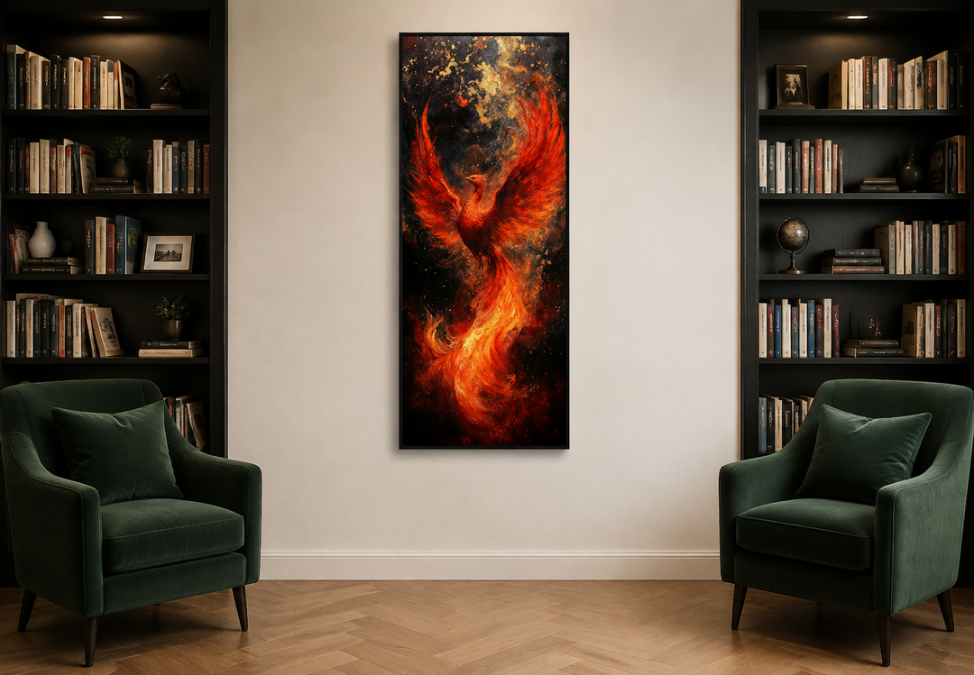 Tall narrow framed canvas wall art featuring a fiery phoenix rising from flames on a dark background.