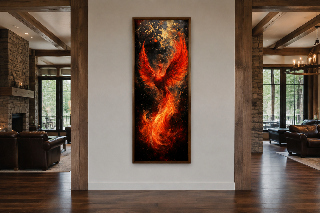 Tall narrow vertical framed canvas wall art of a fiery orange phoenix rising from flames.