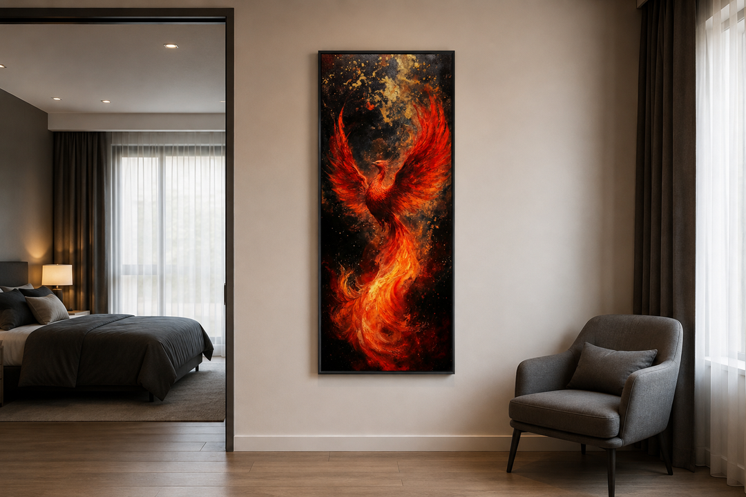 Tall narrow vertical framed canvas wall art featuring a fiery orange and red phoenix rising.