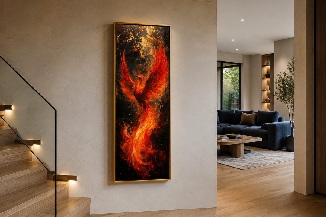 Tall narrow vertical framed canvas wall art featuring a fiery orange and red phoenix rising.