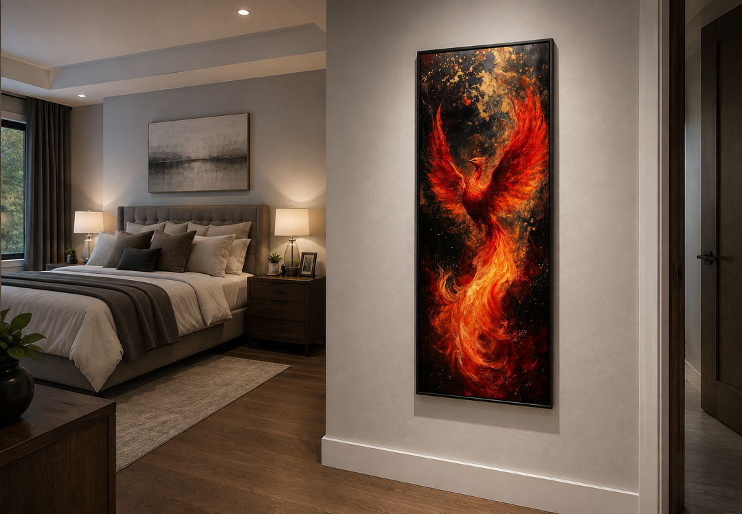 Tall narrow vertical framed canvas wall art featuring a fiery orange phoenix rising from flames.