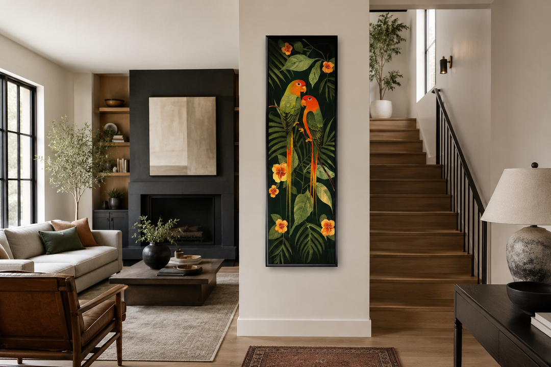 Tall vertical framed canvas art of two colorful tropical birds perched among lush jungle leaves.
