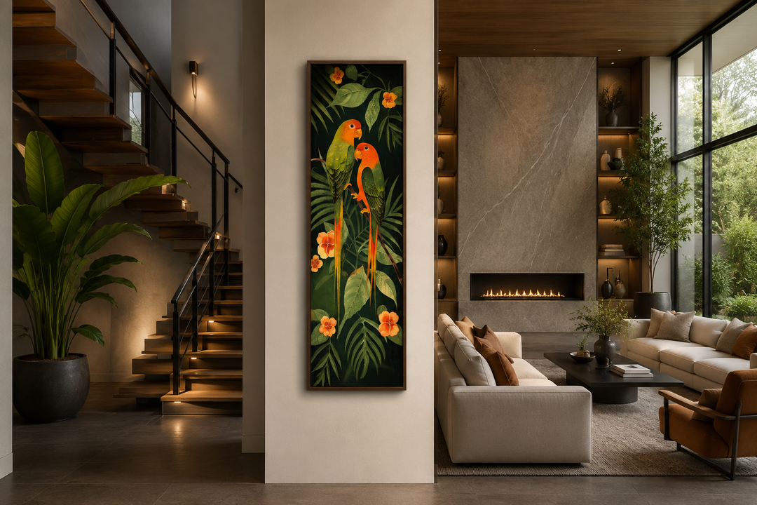 Tall vertical framed canvas wall art featuring two colorful tropical birds among jungle leaves.