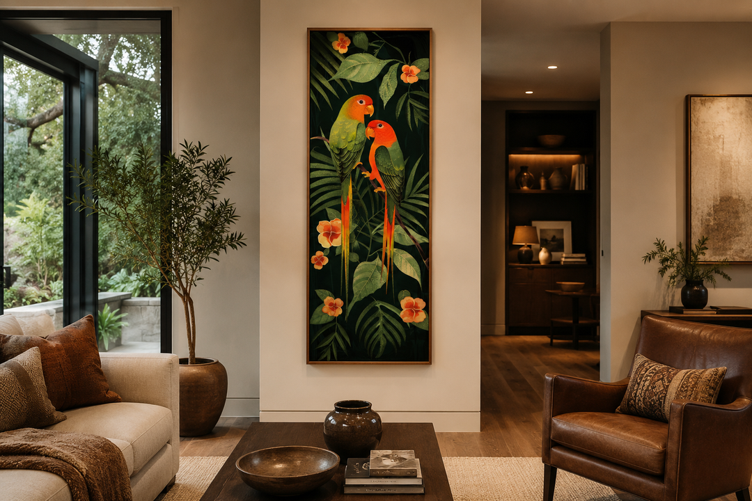 Tall vertical canvas art of two colorful tropical birds perched among lush green jungle leaves.