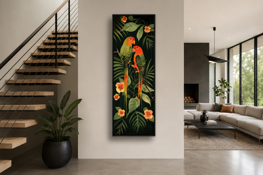 Tall vertical framed canvas wall art of two tropical birds among lush green jungle leaves.