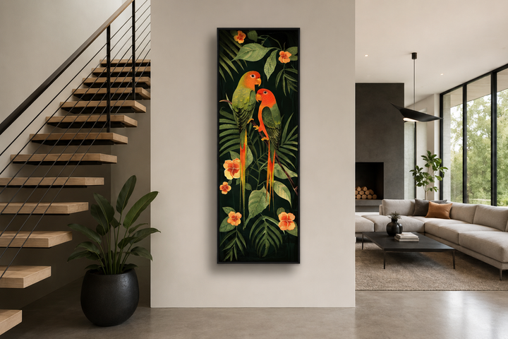 Tall vertical framed canvas wall art of two tropical birds among lush green jungle leaves.